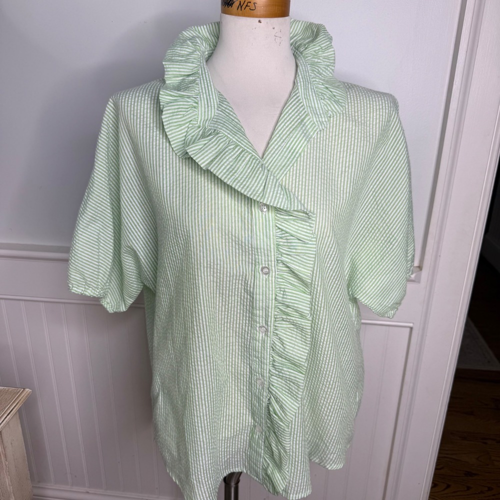 Caryn Lawn Sissy Seersucker Top Lime Green White Striped Ruffle Collar OS NEW
